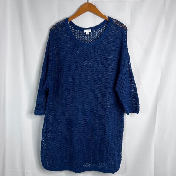 J Jill Blue Linen Blend Open Weave Knit Pullover Drop Sleeve Tunic Top Sz Large - Picture 11 of 11